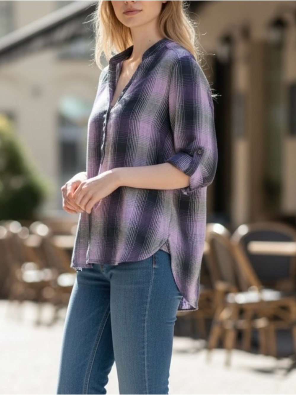 Riders by Lee Women’s Roll Tab Sleeve V-neck Purple Plaid Tunic Top Size Medium